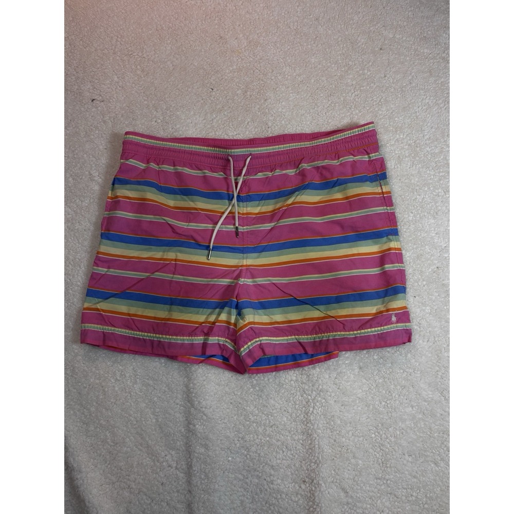 Polo‎ Ralph Lauren Swim Trunks Mens Large Pink Blue Striped Excellent Drawstring